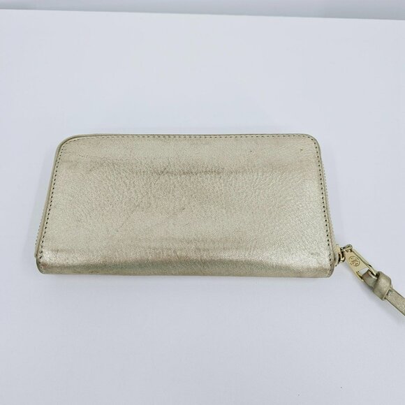 Tory Burch Wallet Thea Metallic Gold Continental Zip Around Medium Leather Logo - Picture 7 of 13